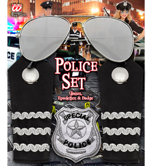 "POLIZISTEN SET" (Sonnenbrille, Schulterklappe, Abzeichen) Diverse Farben
