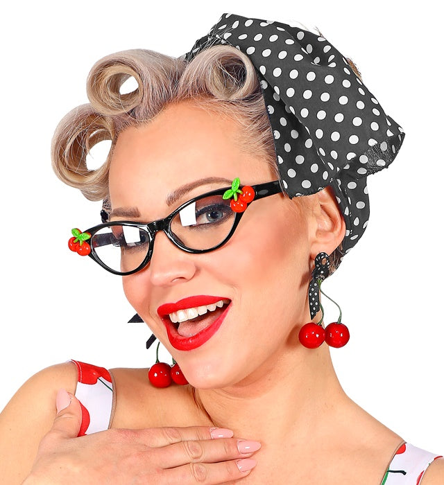 50's Cherry Set mit Brille, Ohrringen und Halstuch im Retro-Stil