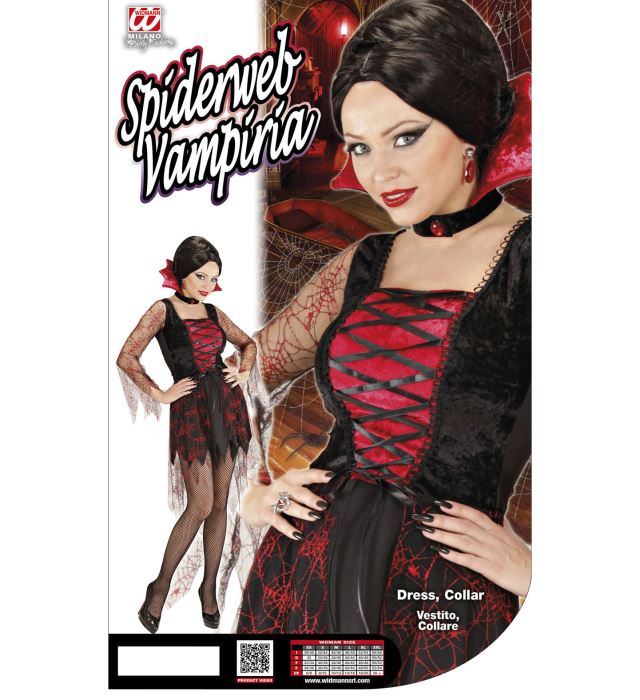 Spiderweb Vampiria schwarzes Kostümkleid mit Spinnennetz-Design und Edelstein-Kragen