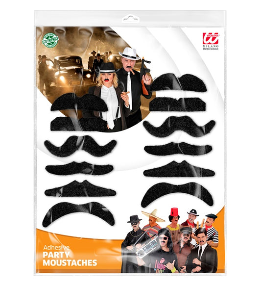Set mit 12 schwarzen Party-Bärten in verschiedenen Modellen für Fasnacht und Kostüme