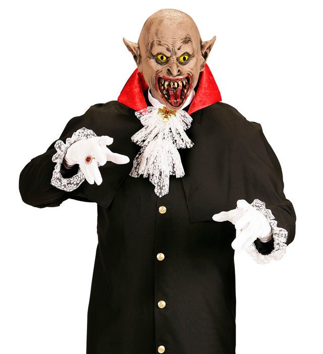 3/4 Vampir Maske in Schwarz-Rot mit Vampirzähnen und verstellbarem Band