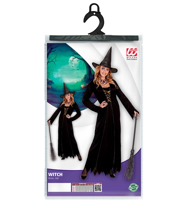 Hexen-Kostüm mit schwarzem Kleid und spitzem Hexenhut