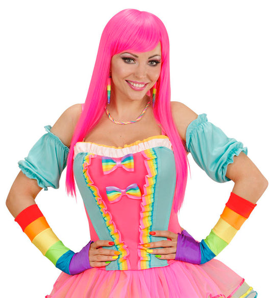 Fingerlose Satinhandschuhe in Regenbogenfarben, 33 cm lang