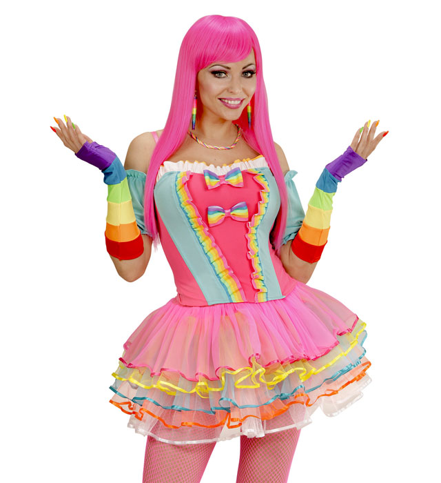 Fingerlose Satinhandschuhe in Regenbogenfarben, 33 cm lang
