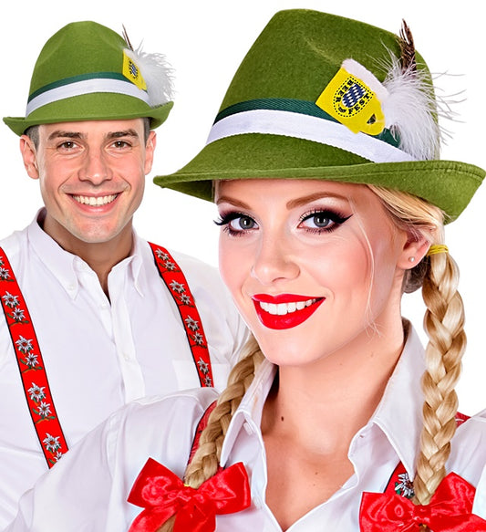 Bayerischer Fedora Filzhut mit Feder und Bierkrug-Detail
