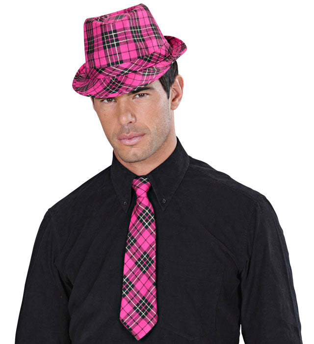 Pinke Tartanfedora mit Karomuster als Fasnacht-Accessoire