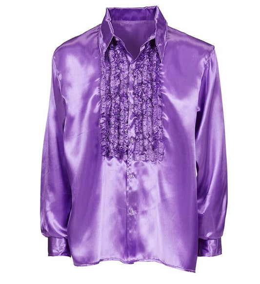 Violettes 70er Jahre Rüschenhemd aus glänzendem Satin für Fasnacht und Mottoparty