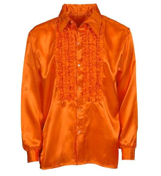 Oranges 70er Jahre Disco Rüschenhemd aus Satin für Fasnacht und Mottoparty