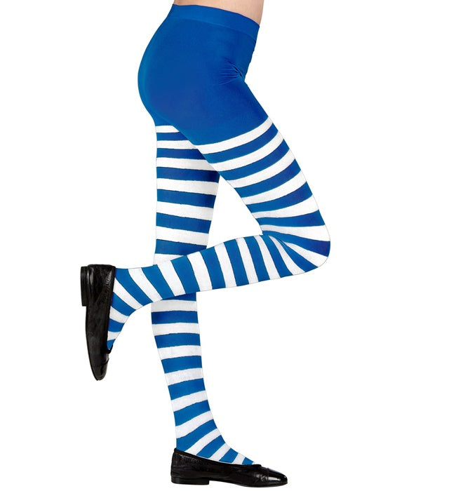 Weiß-blau gestreifte Strumpfhose 70 DEN als Clown-Kostümzubehör