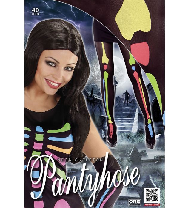 Neonstrumpfhose mit leuchtendem Skelett-Motiv in Schwarz und Neonfarben