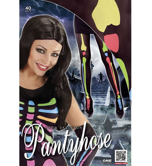 Neonstrumpfhose mit leuchtendem Skelett-Motiv in Schwarz und Neonfarben