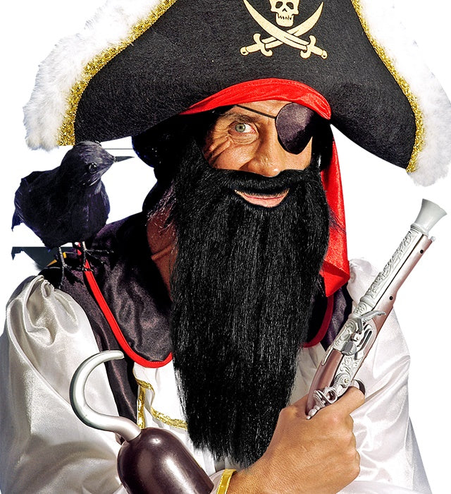Langer schwarzer Bart mit Schnurrbart für Piratenkostüm