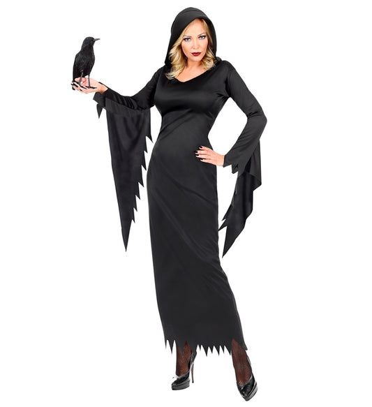 Dunkle Königin Kostüm mit Kapuze in elegantem schwarzem Kleid