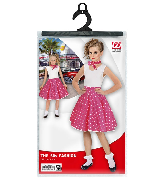Gepunkteter 50er Jahre Rock mit rosa Halstuch für Kinder, verstellbarer Taillenumfang