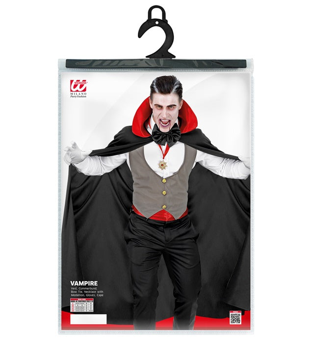 Vampir-Kostüm mit schwarzer Weste, Umhang, Fliege, Kummerbund und Handschuhen