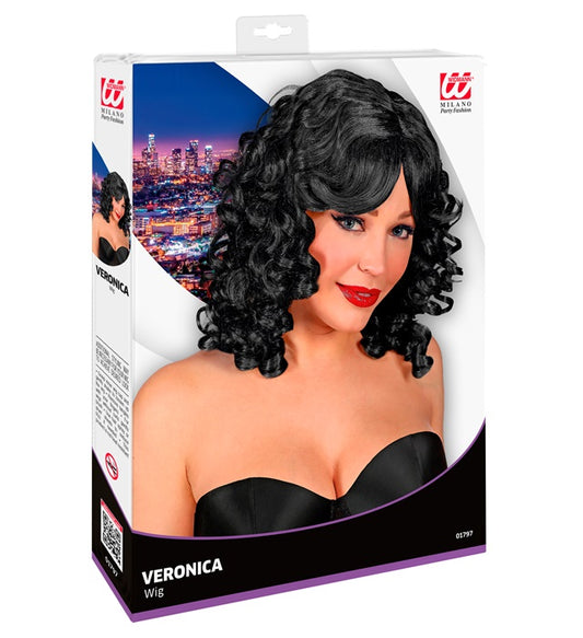 Schwarze Veronica-Perücke in Retro-Stil auf weissem Hintergrund