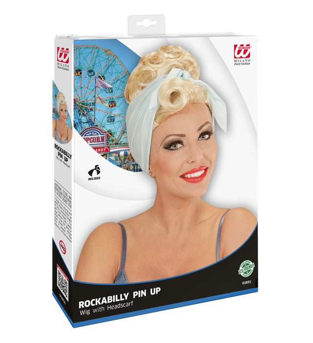Blonde Rockabilly Pin-Up Girl Perücke mit rotem Haarband in Box