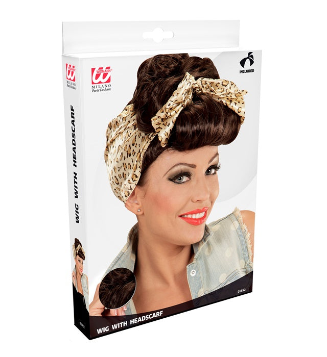 Braune Rockabilly Pin-Up Girl Perücke mit Leopardenmuster Haarband in Box