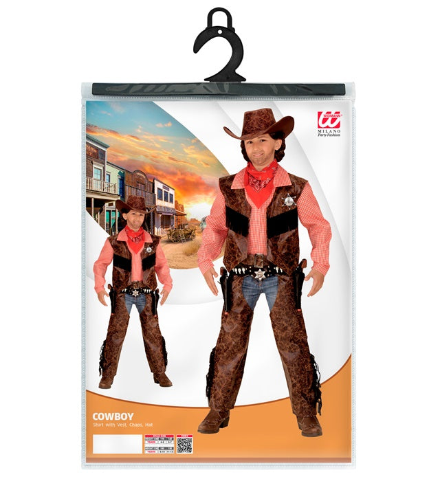 Cowboy-Kostüm bestehend aus Shirt, Weste, Chaps und Cowboy-Hut