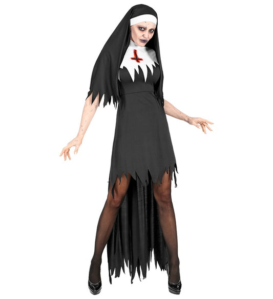 Horror Nonne Kostüm mit schwarzem Kleid und Haube für Fasnacht und Halloween