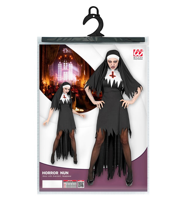 Horror Nonne Kostüm mit schwarzem Kleid und Haube für Fasnacht und Halloween