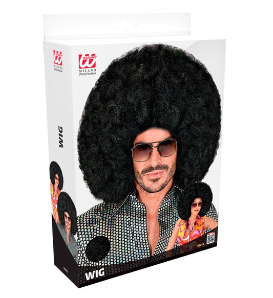 Übergrosse schwarze Afro-Perücke in Box für Fasnacht und Karneval
