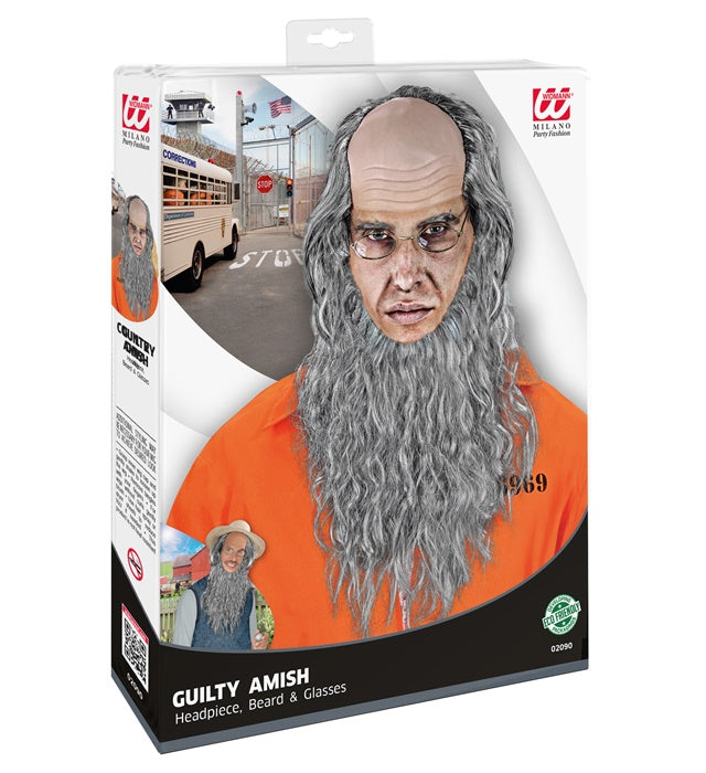 AMISH Mann Glatze mit Bart und Brille als Kostümzubehör für Fasnacht