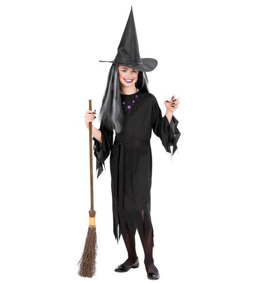 Hexen-Kostüm Set mit schwarzem Kleid, Gürtel und spitzem Hut für Fasnacht