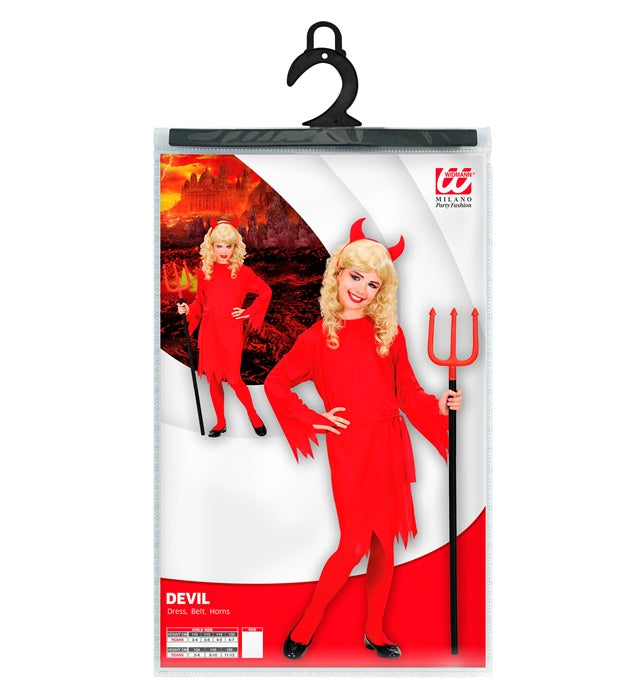 Teufelin Kostüm mit rotem Kleid, Gürtel und schwarzen Hörnern für Fasnacht