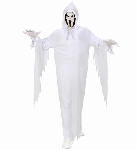 Gespenst-Kostüm mit langer Tunika und Kapuzenmaske für Fasnacht und Halloween