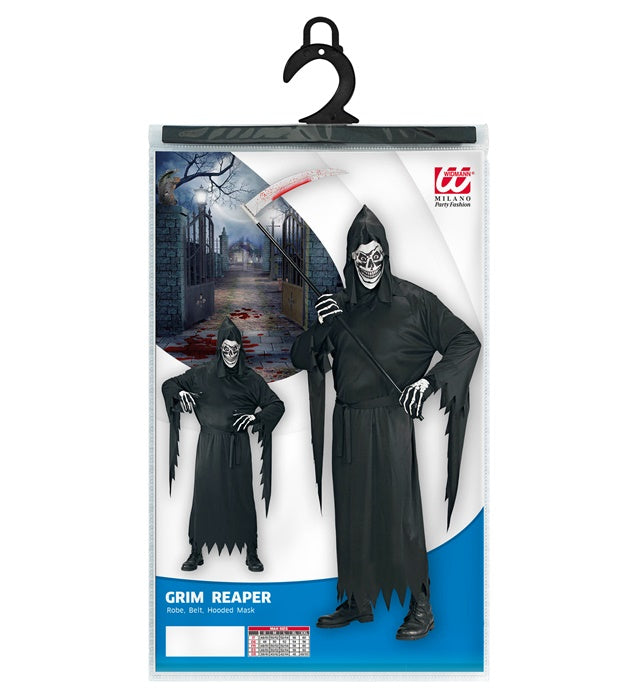 Sensenmann Kostüm mit schwarzer Robe, Gürtel und Kapuze mit Maske