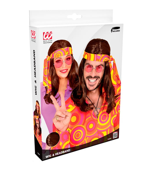 Braune 70er Jahre Disco-Perücke mit Stirnband in Box