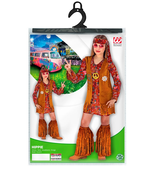 Hippie-Kostüm-Set mit Kleid, Weste, Stirnband und Fransen-Stiefelüberziehern