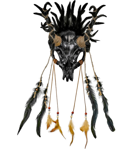 Bullenschädel Schamanenkopf Commedia Dell'Arte Maske mit schwarzen Federn