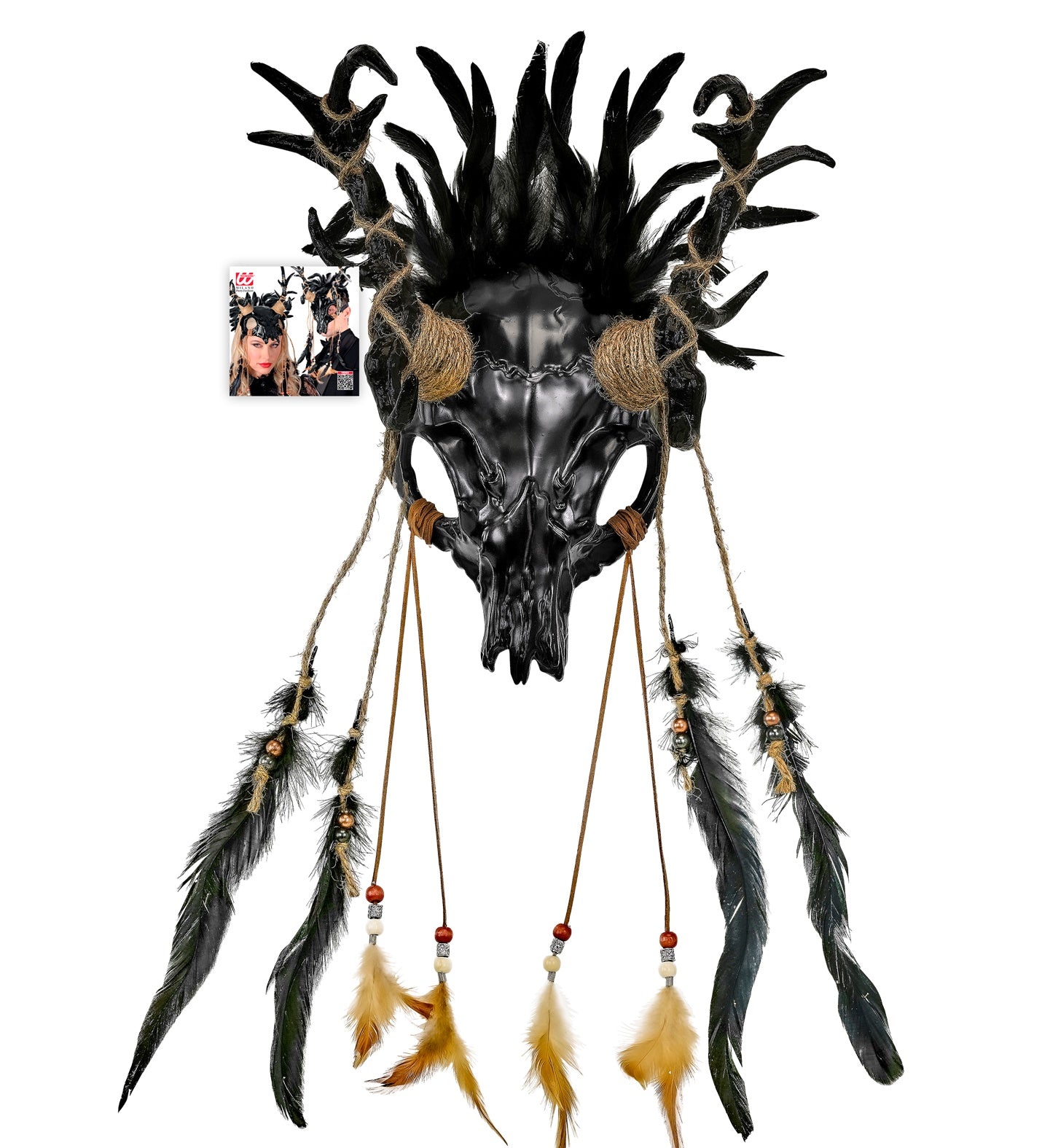 Bullenschädel Schamanenkopf Commedia Dell'Arte Maske mit schwarzen Federn