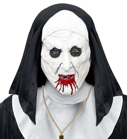 Halbmaske Horror-Nonne mit schwarzer Kopfdeckung auf weißem Hintergrund