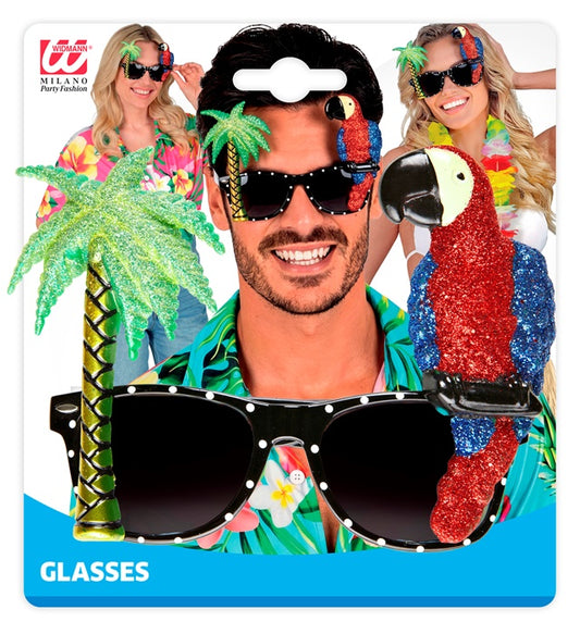 Tropische Brille mit buntem Papagei als Karnevals-Accessoire