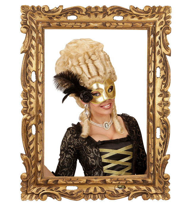 Venezianische Augenmaske in Gold mit Rose, Perlen und Federn