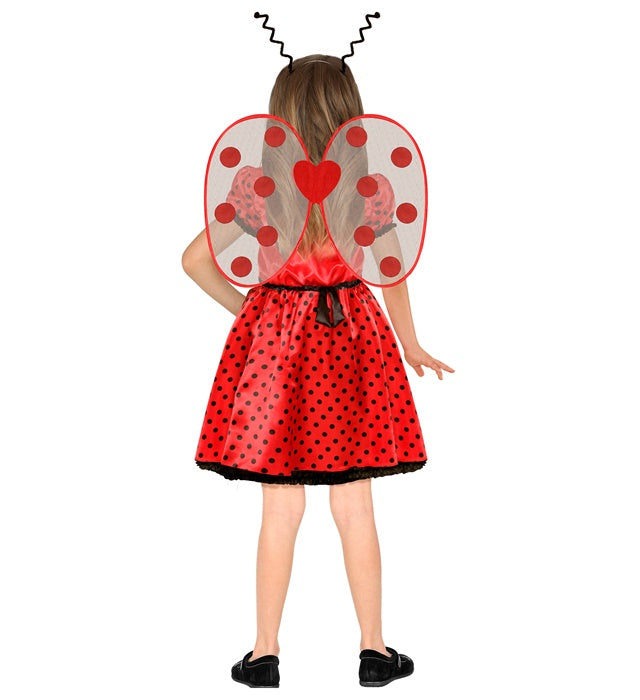 Marienkäfer-Kostüm mit roten Kleid, schwarzen Punkten, Flügeln und Antennen