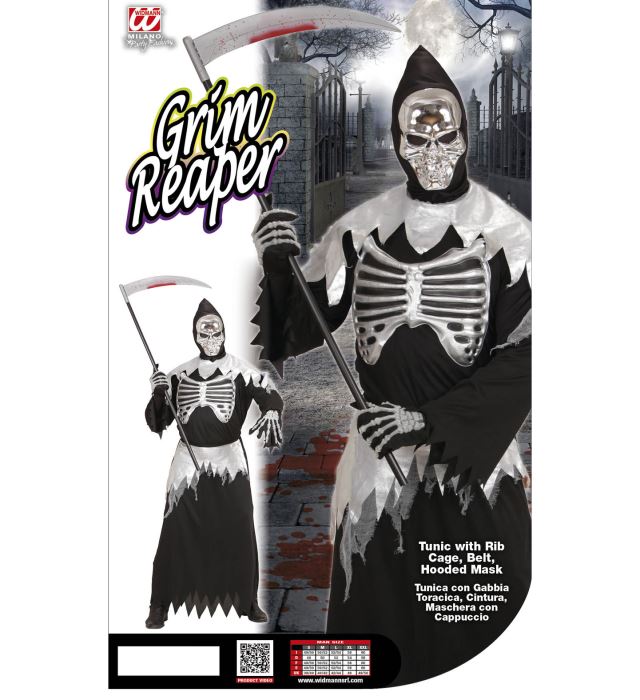 Grim Reaper Kostüm mit schwarzer Rippenrobe, Kapuzenmaske und Gürtel
