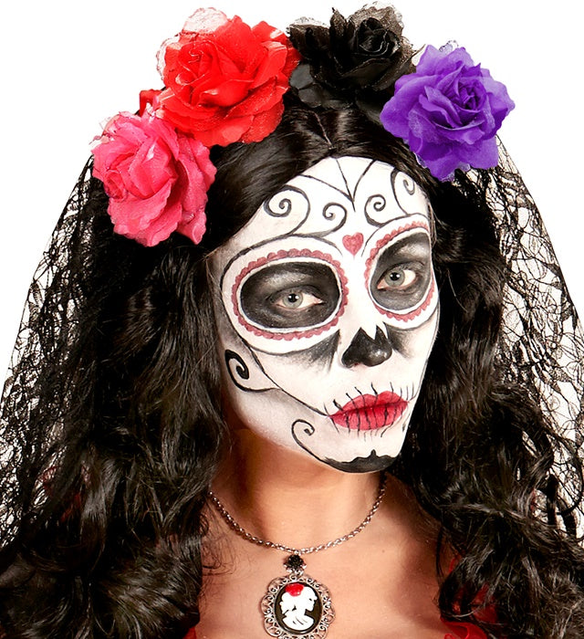 Haarspange mit violetter Rosenblüte als Fasnacht und Halloween Accessoire