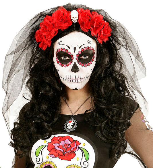 Schwarzer Haarreif mit sechs roten Rosen, Totenkopf-Design und zartem Schleier