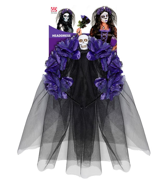 Haarreif mit sechs violetten Rosen, Totenkopf und schwarzem Schleier als Halloween-Accessoire