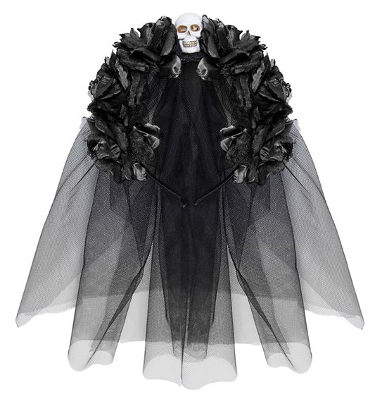 Schwarzer Haareif mit sechs Rosen, Totenkopf und Schleier als Halloween Accessoire