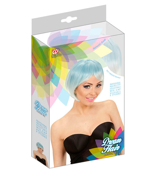 Melange Fashion Perücke in Blau-Türkis auf farbiger Box