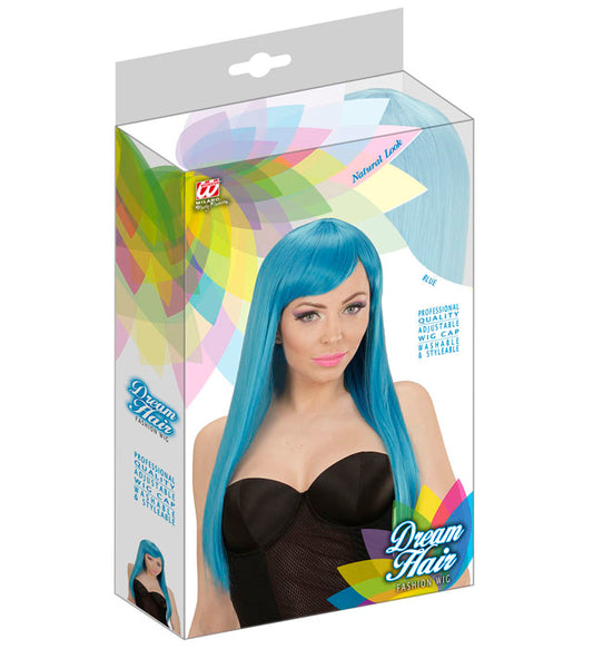 Leuchtend blaue Fashion-Perücke in farbiger Verpackung