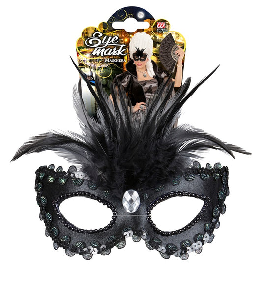 Venezianische schwarze Augenmaske mit Federn, Pailettenrand und Edelstein
