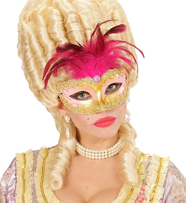 Goldene Augenmaske mit Edelstein und Federn für Fasnacht und Karneval