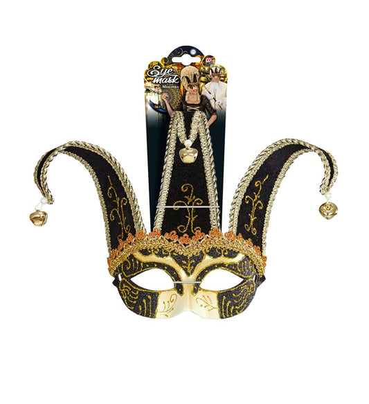 Schwarze Augenmaske mit goldenen Verzierungen und kleinen Glöckchen