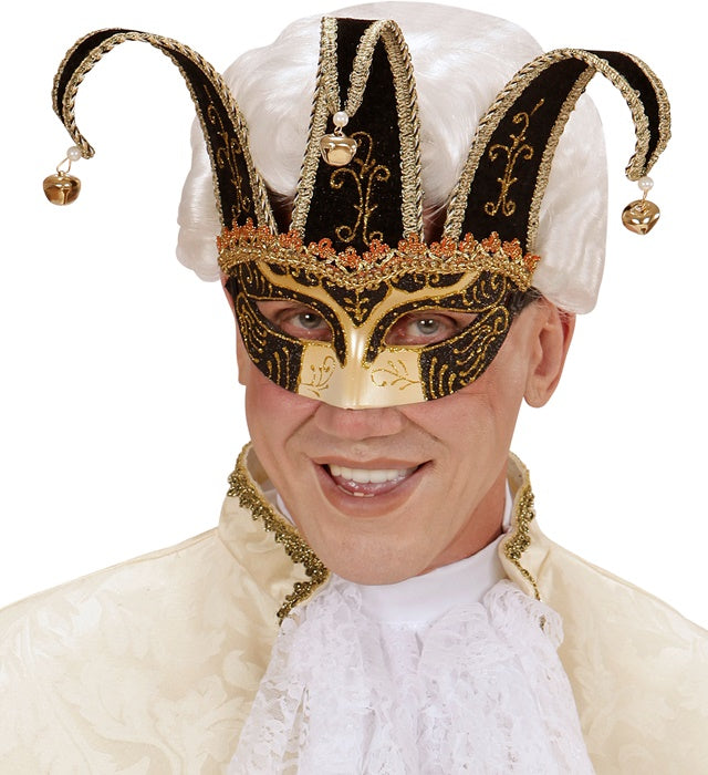 Schwarze Augenmaske mit goldenen Verzierungen und kleinen Glöckchen